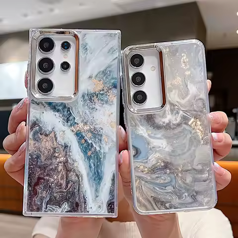 Plating Lens Sandstone Marble Case For Samsung Galaxy S24 S23 S22 Ultra S21 S20 FE A33 A34 A52 A53 A14 A15 A25 A35 A55 A54 5G