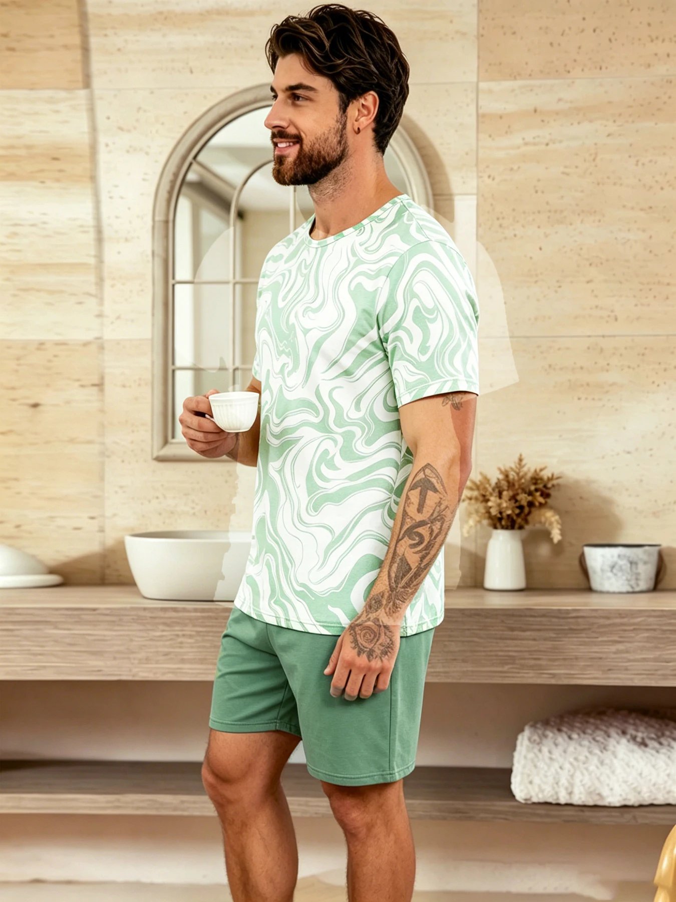 Kariertes Herren-Pyjama-Set, Rundhalsausschnitt, kurzärmliges Oberteil und elastische Shorts, hautfreundlicher Stoff, bequeme, entspannte Passform, Loungewear-Pjs – Detail 8