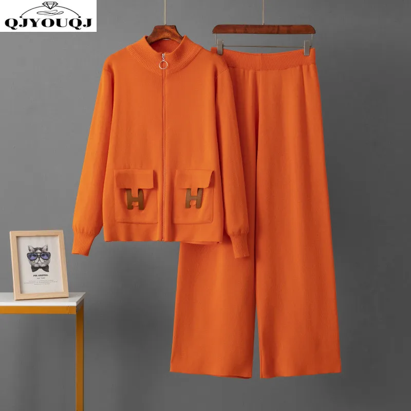 

European and American style autumn and winter new pocket decoration zipper cardigan knitted top+wide leg pants two-piece set