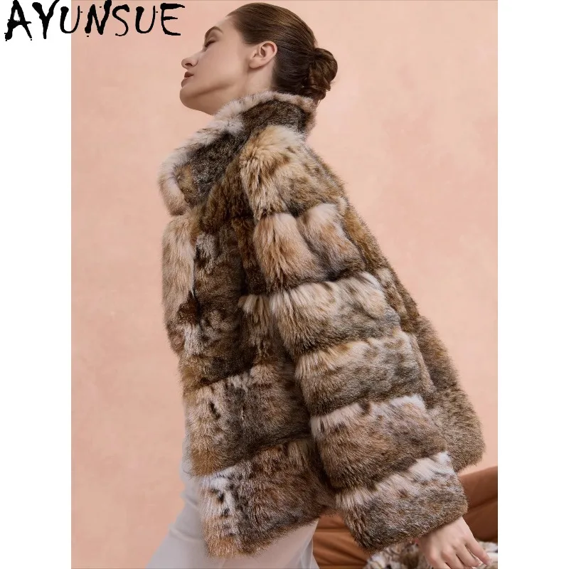 เสื้อโค้ทขนสิงโตแท้ AYUNSUE สำหรับผู้หญิง ปกเสื้อแบบสูท แจ็คเก็ตขนสั้นสำหรับฤดูหนาว เสื้อโค้ทหรูหราสำหรับผู้หญิง เสื้อผ้าผู้หญิงสุดหรู