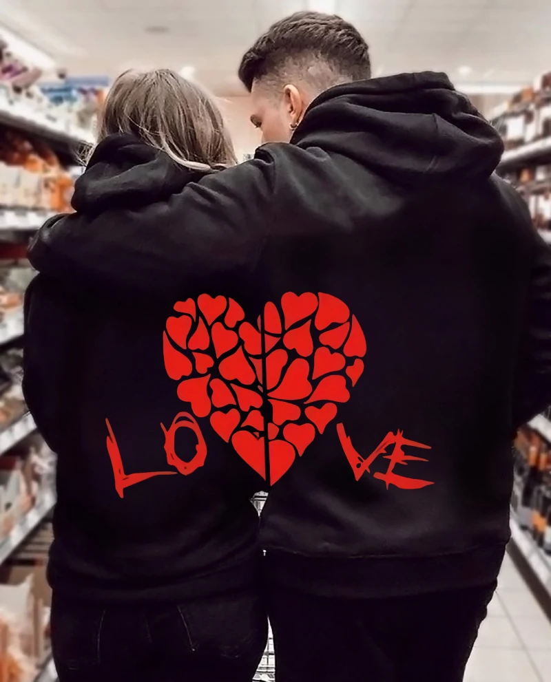 Love Heart Print Couple Hoodies Set Women Men Lovers Sweatshirts Couples Kawaii Graphic Pullovers Unisex Valentine Day Gift New