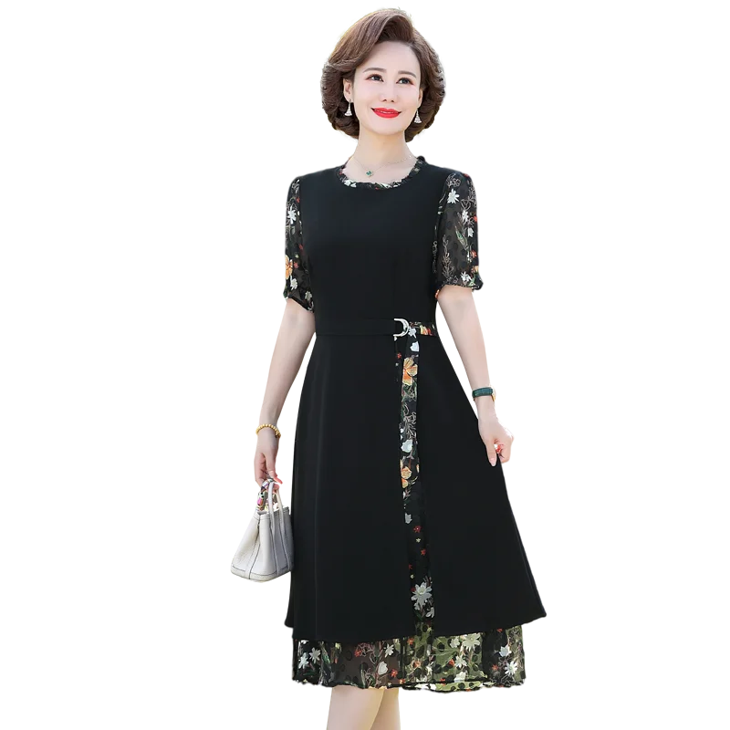 

Summer Fake Two-piece Temperament Long Skirt 2022 New Short-Sleeved Printed Dress Fashion Women's Loose Slim Skirt Female 5XL