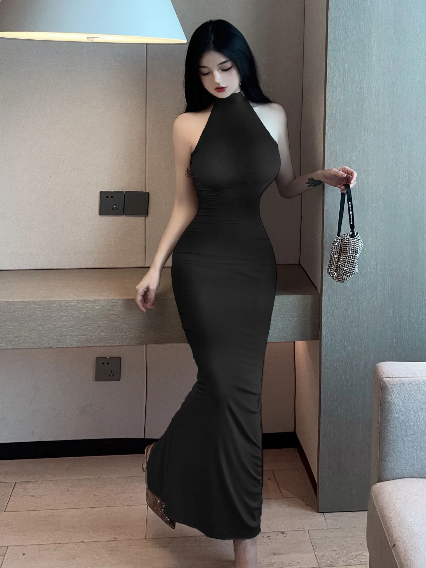 WOMENGAGA Gray Robe Maxi Dress Slim Sexy Sleeveless Dress Elegant Hot Sexy Korean Women 2023 New Sweet Dresses XCTB