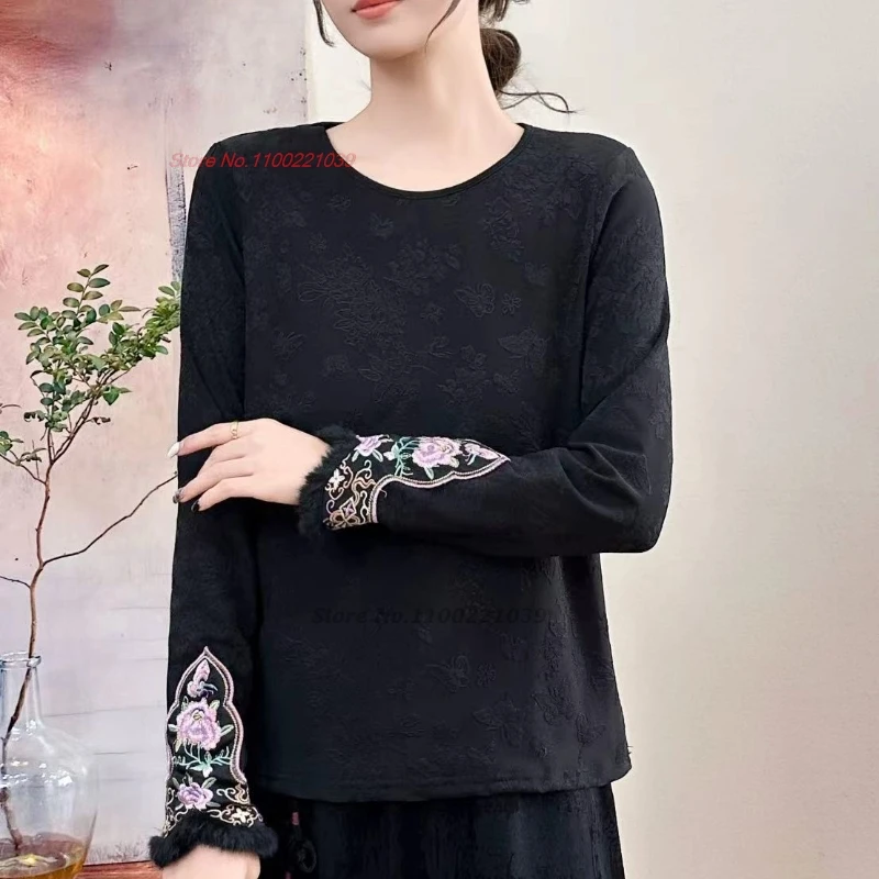 

2025 г., жаккардовая рубашка с круглым вырезом и национальной цветочной вышивкой, восточные топы ханьфу, винтажная футболка на флисовой подкладке, ретро, этническая базовая рубашка