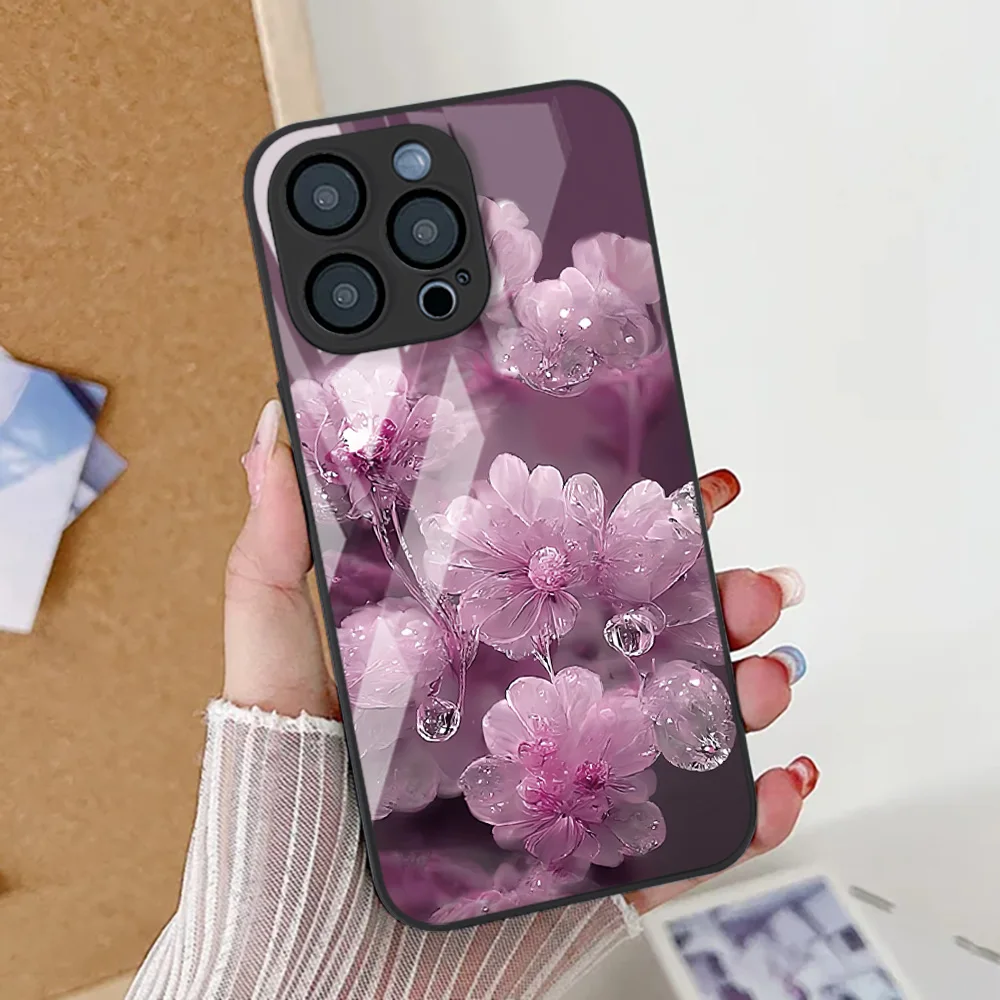 

Чехол для телефона из закаленного стекла с цветком для iPhone 11 16 15 14 13 12 17 Pro Max 17 Air 16E 7 8 Plus XR SE, силиконовый противоударный чехол из ТПУ