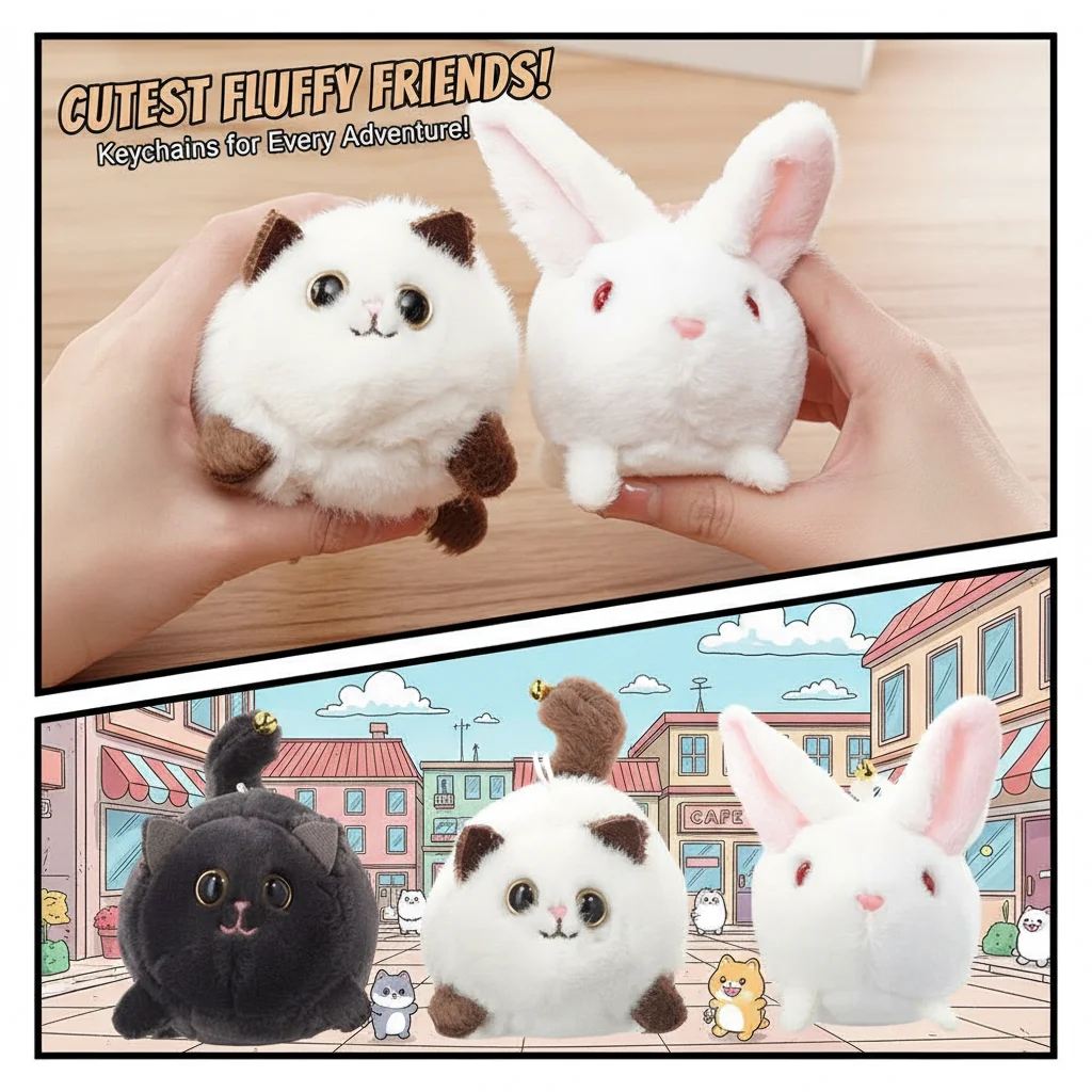 

Adorable Cat Plush Toy Keychain with Wagging Tail Cartoon Animal Pendant Fashion Accessory for Girls Pull Cord Soft Doll Keychai