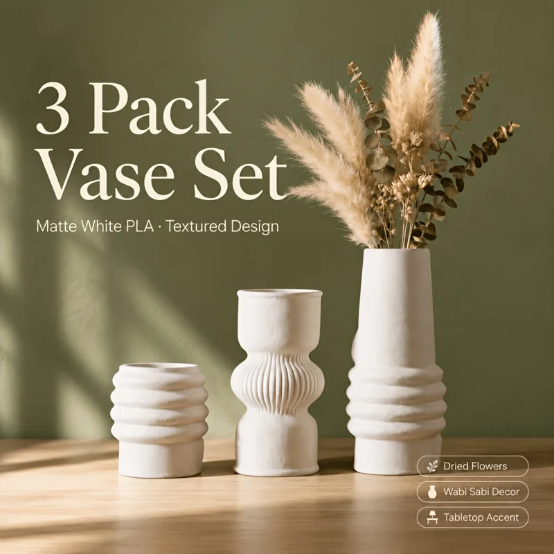 3 Pack 3D Printed PLA Matte White Stacked Ring Vase Set, Mixed Textured Vases for Dried Flowers Pampas Grass Wabi Sabi Rustic Ta