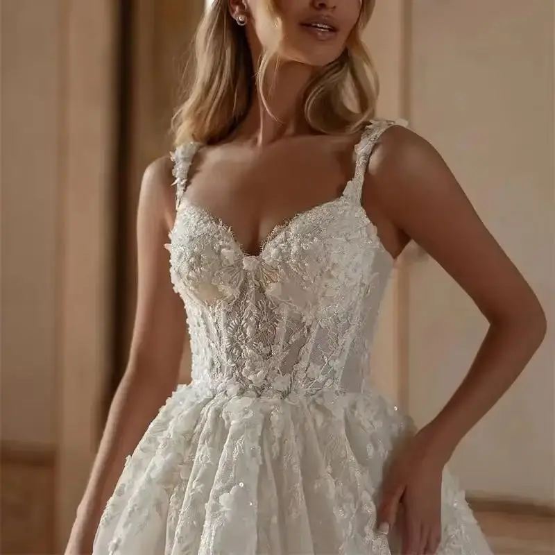 

MD Luxury A-Line Spaghetti Strap Tulle Princess Wedding Dress Sexy Backless Bridal Gowns Lace Applique Wedding Dress Customized