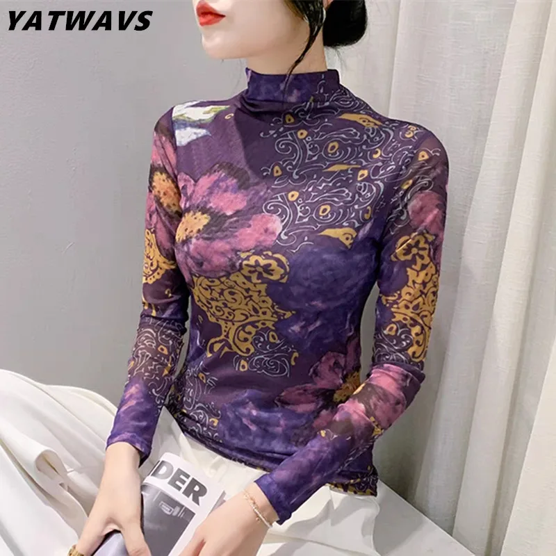 

S-4XL New Spring Women's Long Sleeve Turtleneck T-shirts Lady Vintage Positioning Printing Flowers Tees Elegant Slim Mesh Tops