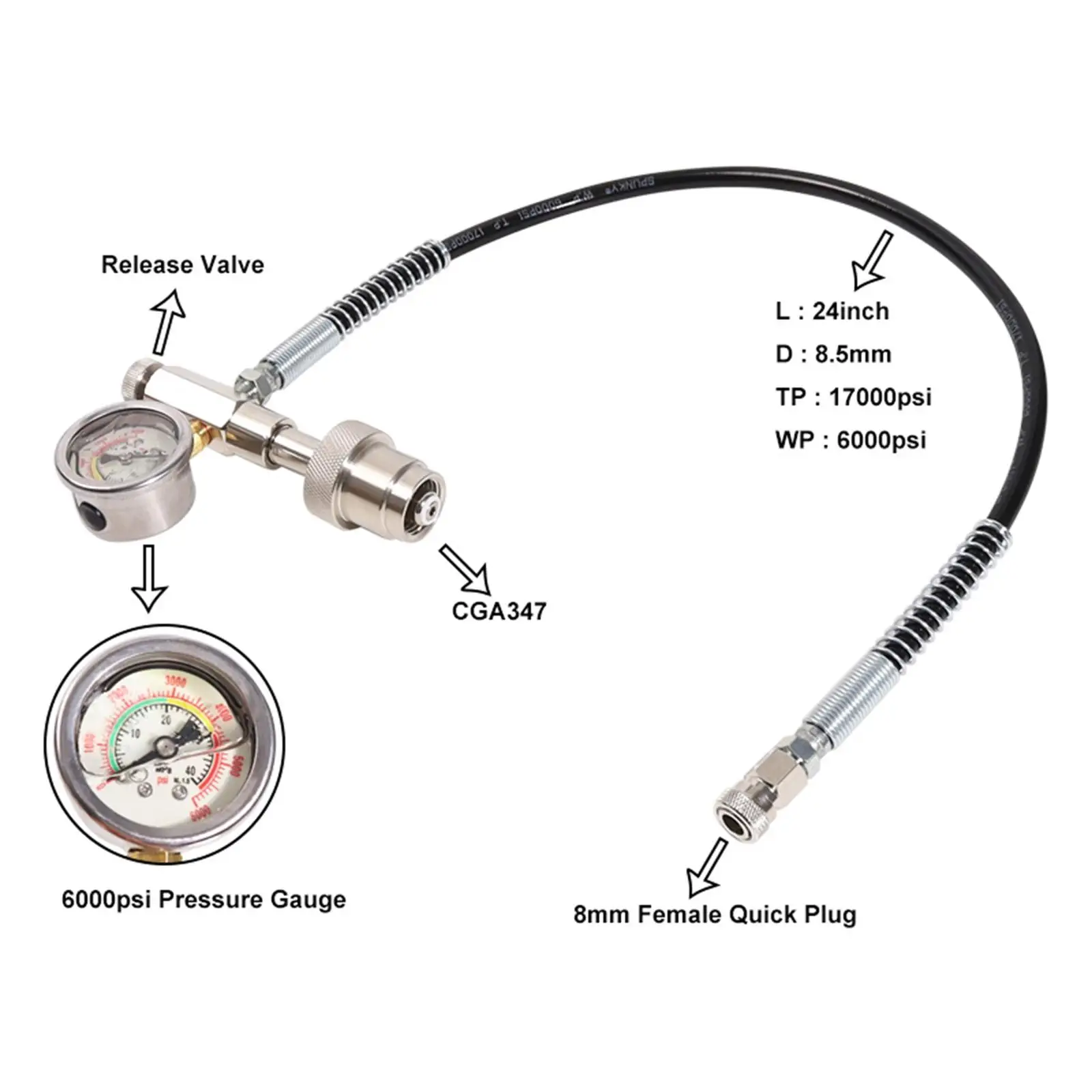 Cga347 Charging Refill Adapter Diving CO Pressure Gas Filling Station W/ Hose 0 Cylinder Refill Adapter