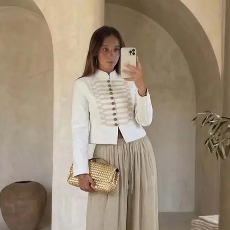 YENKYE New Women Retro Military Style White Fitted Jacket Long Sleeve Round Neck Cropped Casual Outerwear