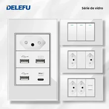 DELEFU 4*2 Vidro Temperado Branco Tomada Padrão Brasil com Dupla USB Tipo C Tomada de Parede Interruptor Inteligente Tuya Wifi 10A 20A