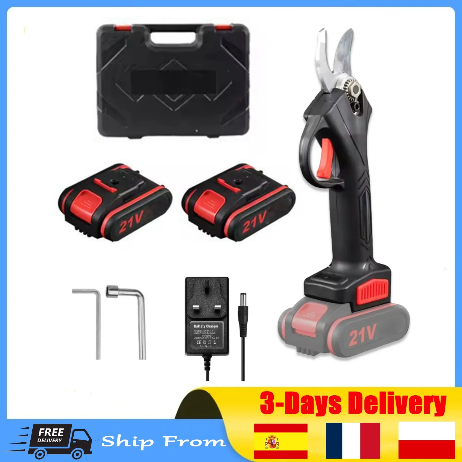 Sécateur électrique sans fil 21V 1200W rechargeable avec batterie au lithium, coupe-branches 0-25mm pour l'élagage des arbres et le jardinage