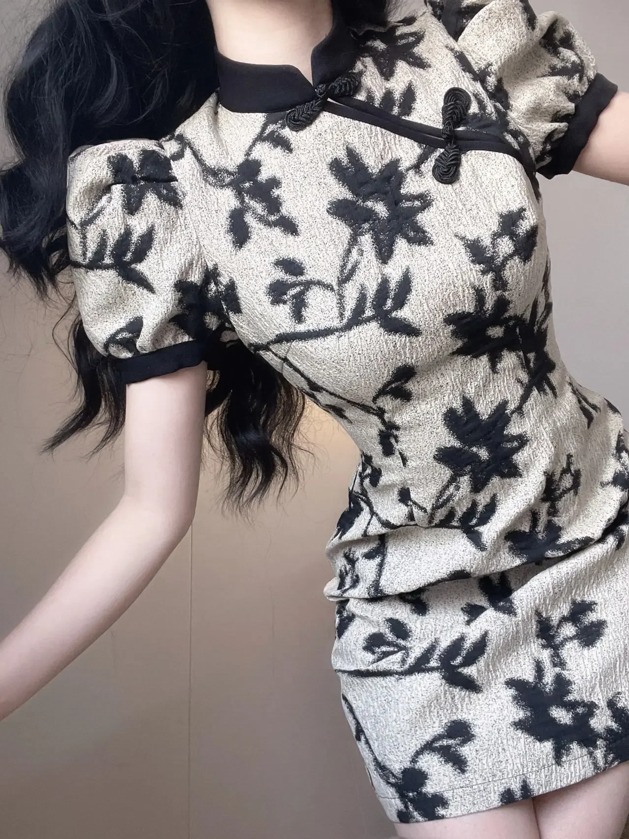 빈티지 여름 드레스 여성 2023 Vestidos De Mujer 스탠드 넥 짧은 소매 꽃 Bodycon 미니 드레스 기질 가운 Femme