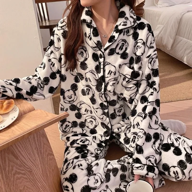 Kawaii Disney Cartoon Mickey Home Clothing Y2K Soft Plush Cardigan Tops and Pants 2-piece Set Women\'s Coral Velvet Pajamas Set