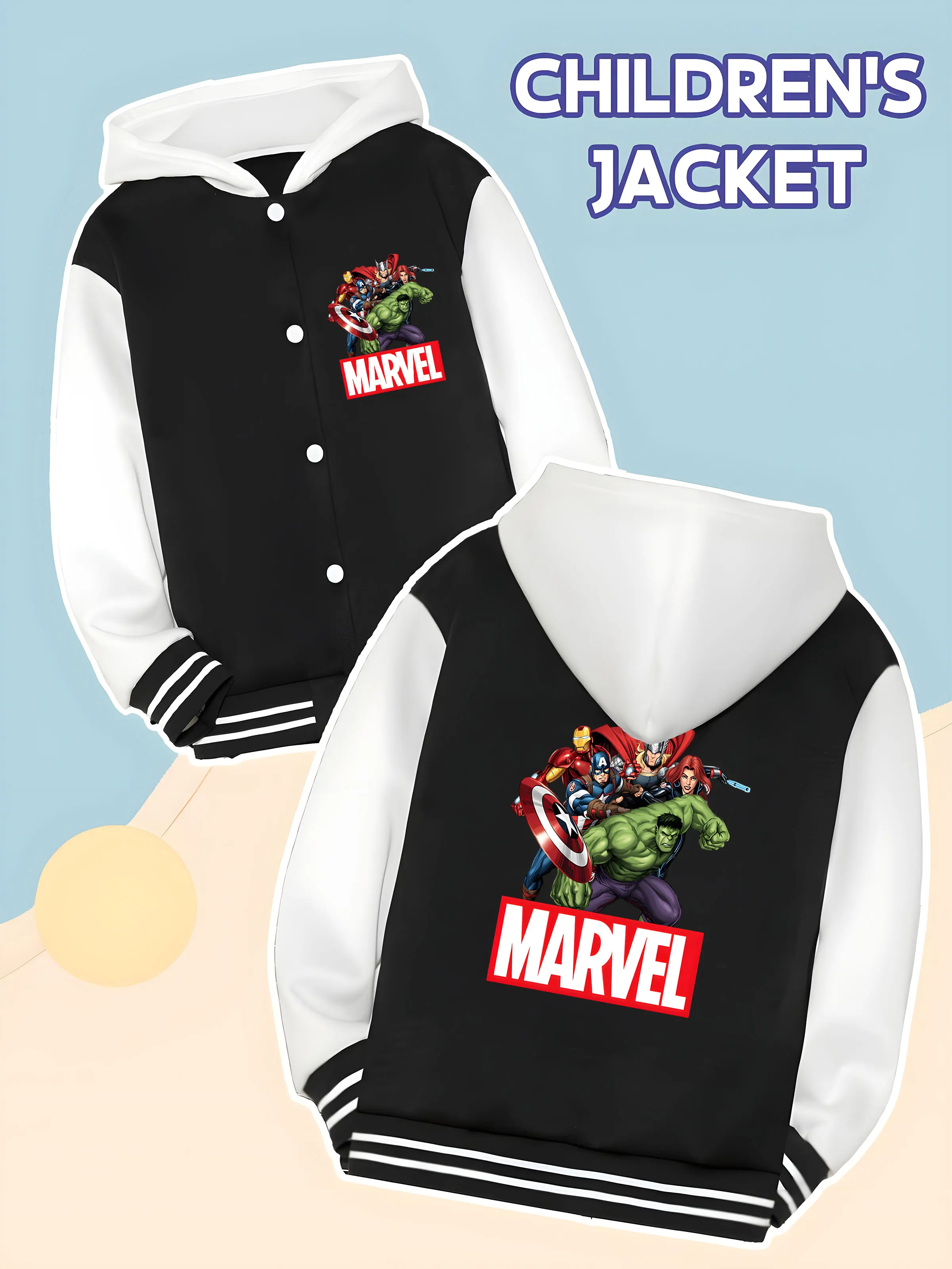 

MINISO Marvel Avengers Boys Baseball Jacket - Avengers heroes assembled print, double-sided to show heroic momentum, soft fabric