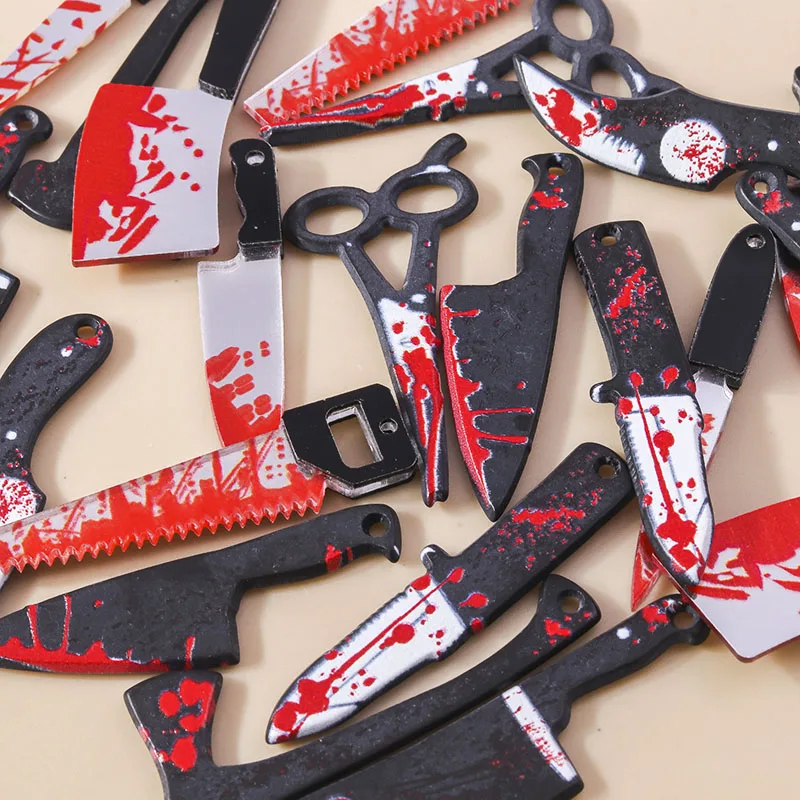 5pcs Resin Halloween Imitation Bloody Knife Charms Dagger Scissors Axe Saw Pendants For Earring Bracelet Necklace DIY Jewelry