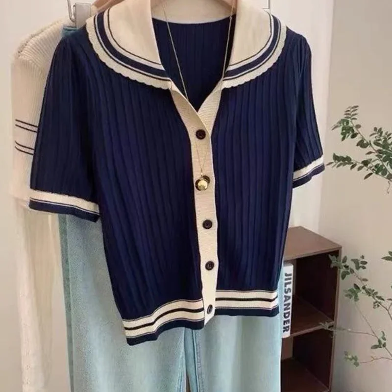 الإناث Preppy نمط المرقعة أزرار بحار طوق الحياكة سترة الصيف ملابس حريمي عادية الكشكشة تي شيرت المرأة تي شيرت علوي