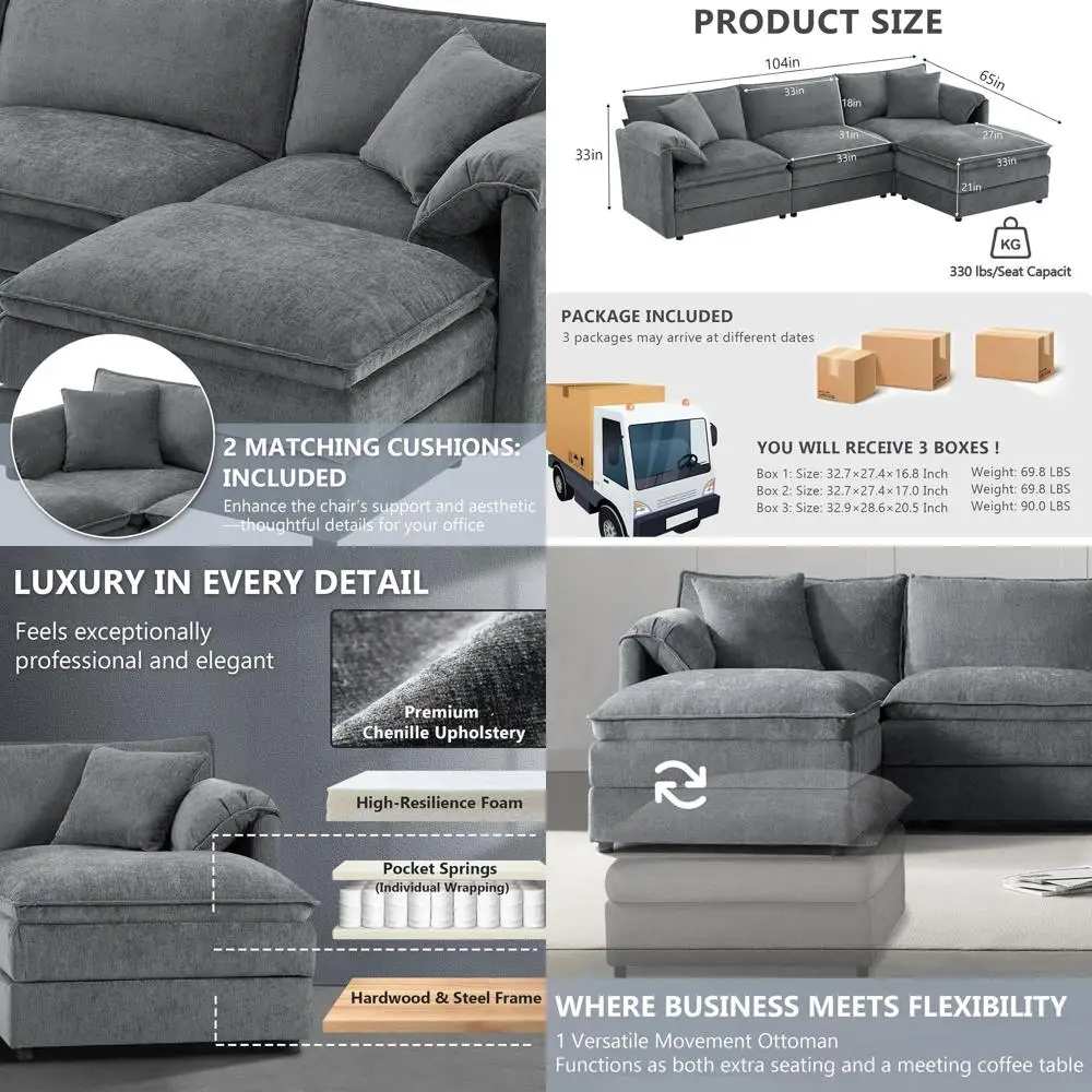 

4-Seat Gray Chenille L-Shaped Sectional Sofa with Ottoman for Commercial Use