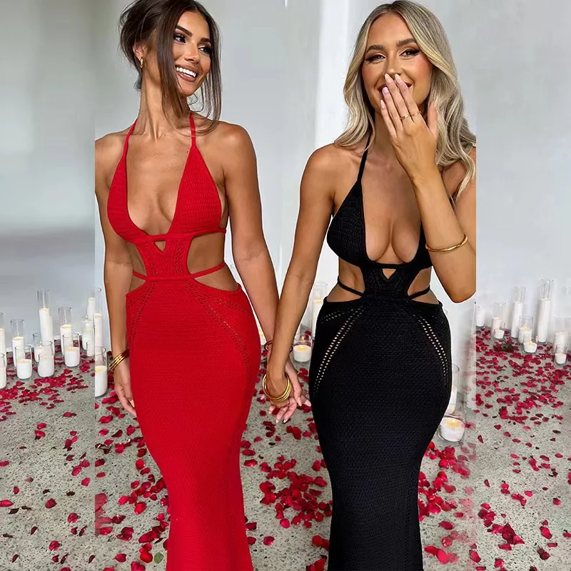 NEW Women Halter Long Dress Sexy Hollow Out Open Back Sleeveless Backless Knit Beach Dress Slim Fit Clubwear