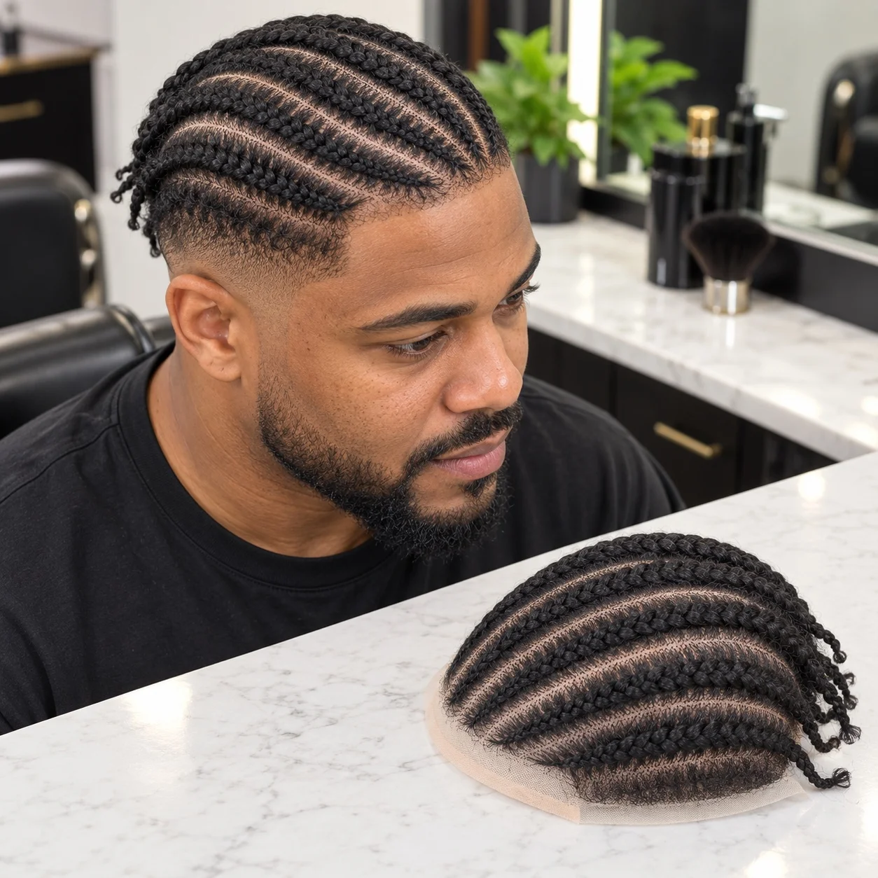 Men's 1B Black Cornrow Braid Toupee Full Lace 10x8 Indian Human Hair 120% Density for Wig Making