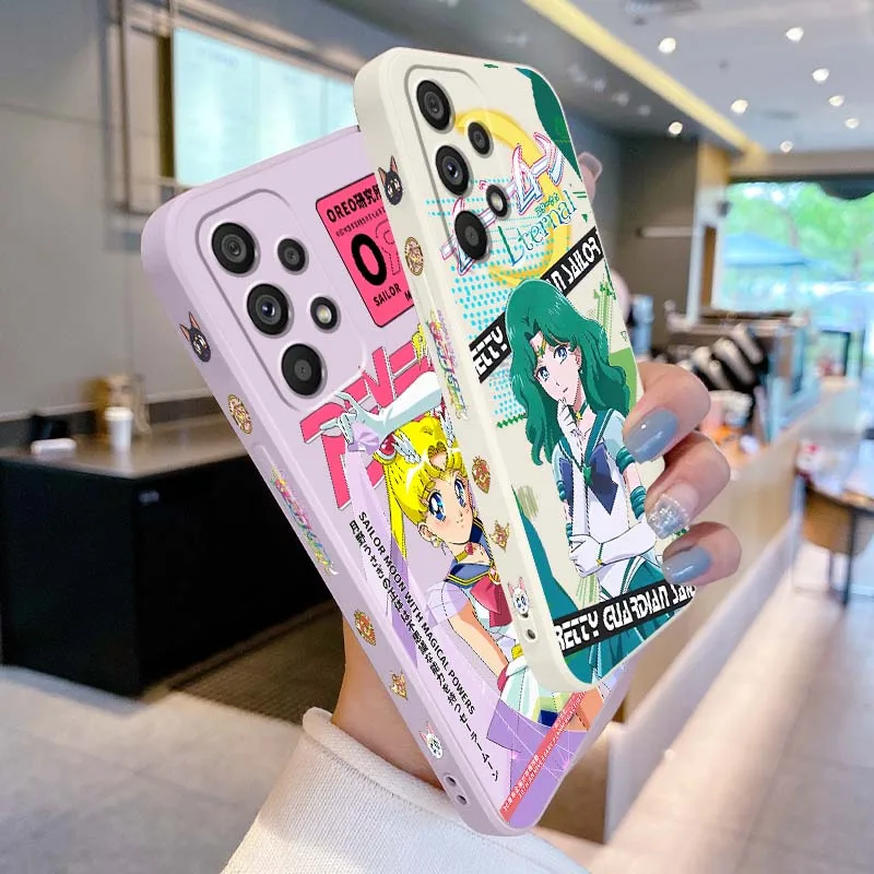 Cartoon Girl S-Sailors M-Moons Phone Case For Samsung A05 A06 A07 A12 A3 A14 A15 A16 A17 A23 A24 A25 A26 A32 Liquid Left Rope