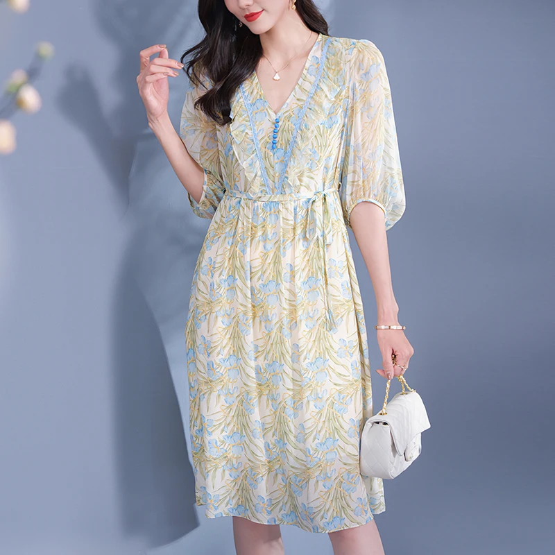 Summer Dresses for Women Elegant V-neck High Waist Women's Floral Print Dress A-line 100% Real Silk Vintage Woman Long Dress