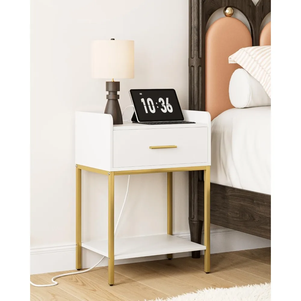 

Nightstand with Charging Station,Bedside Table with Drawer and 2 Shelf Storage, Small Side Table, Modern White Night Stand, Tall