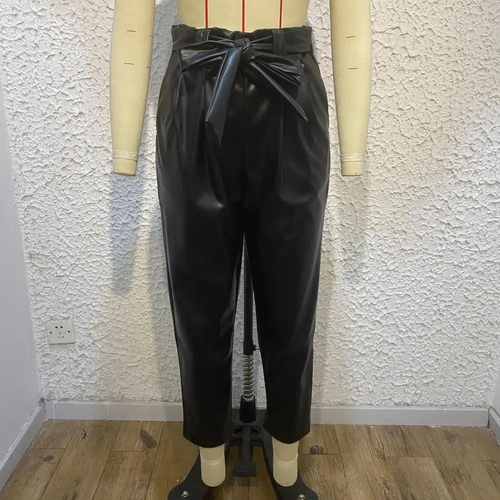 Women Straight Fit Pants Stylish Lace-up High Waist Leather Pants for Women Straight Fit Solid Color Trousers with Elastic