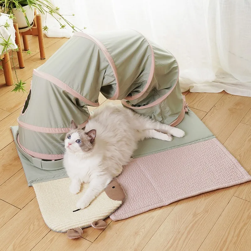 

3-in-1 Foldable Cat Play Bed Scratching Board Removable Mat Hideout Interactive Collapsible Tunnel Tubes Track Toys