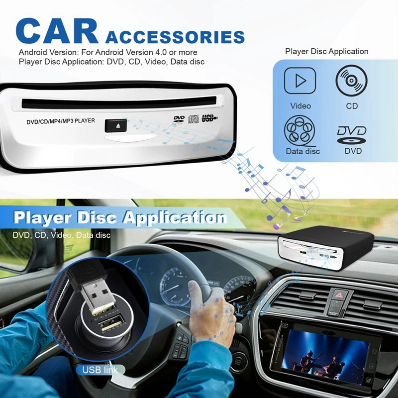 Universal Portable Car External CD Player, Plugs Into Car USB Port, Laptop, TV For Android 4.0 And Above Navigation