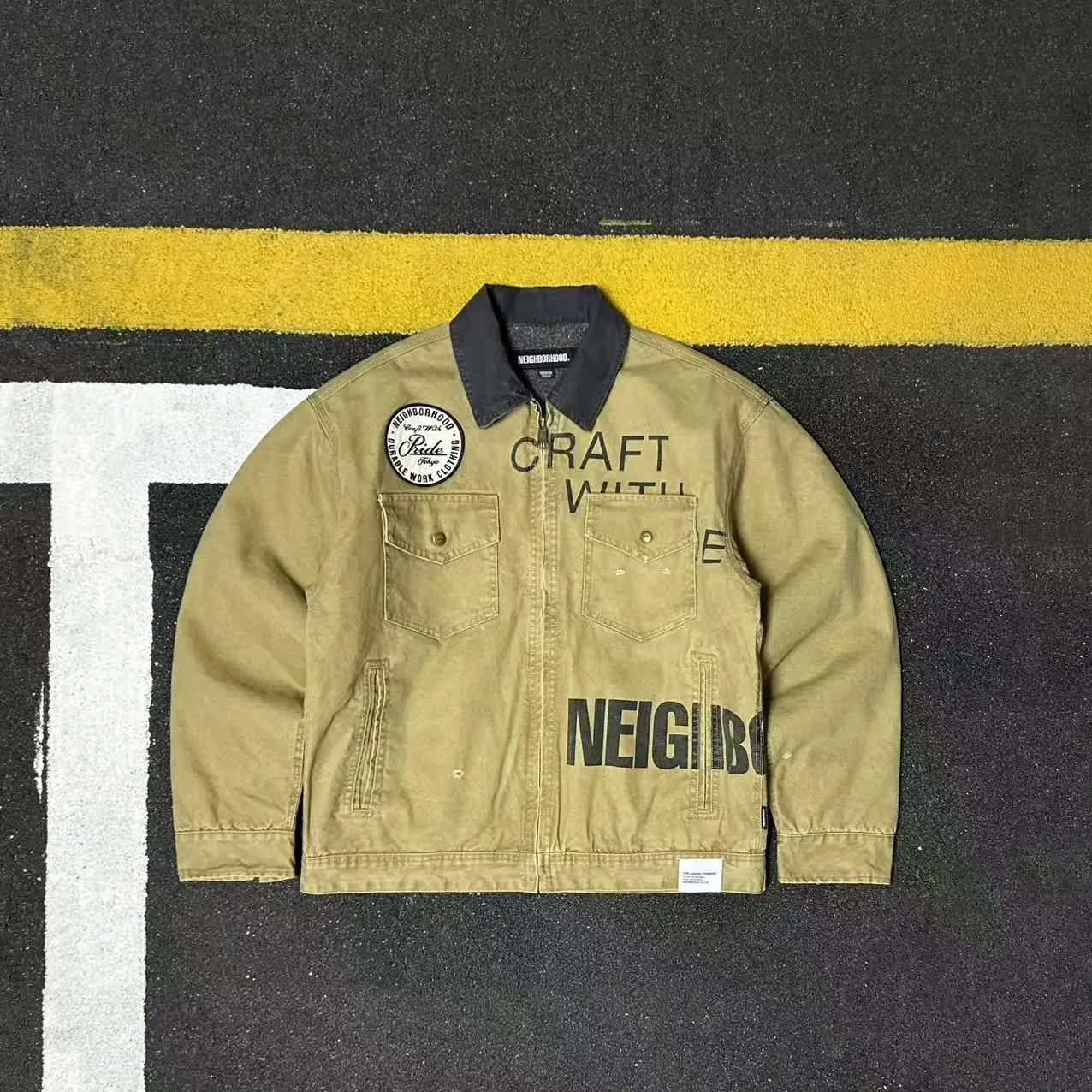 Retro American Cotton Work Jacket Men's Turn-down Collar Letter Embroidery Multi-pocket Washed out Loose Fit Casual Coat
