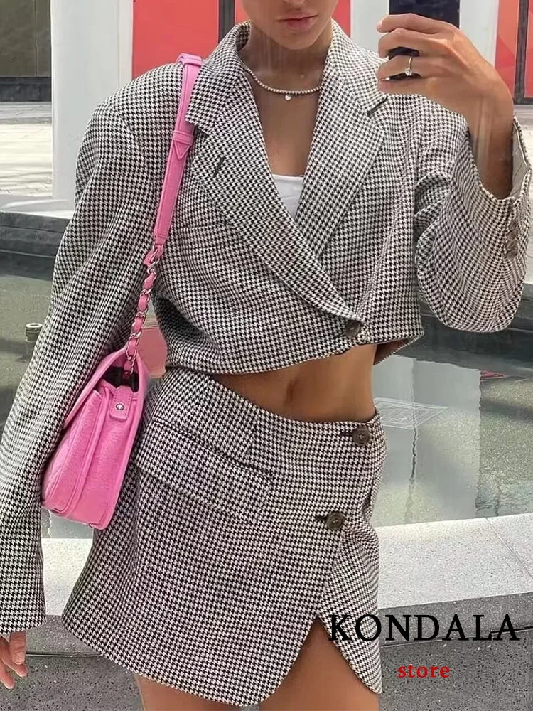 KONDALA Casual Plaid Chic Women Suit V Neck Long Sleeve Blazer+Button Short Slim Pockets Skirt Fashion 2023 Autumn Office Sets