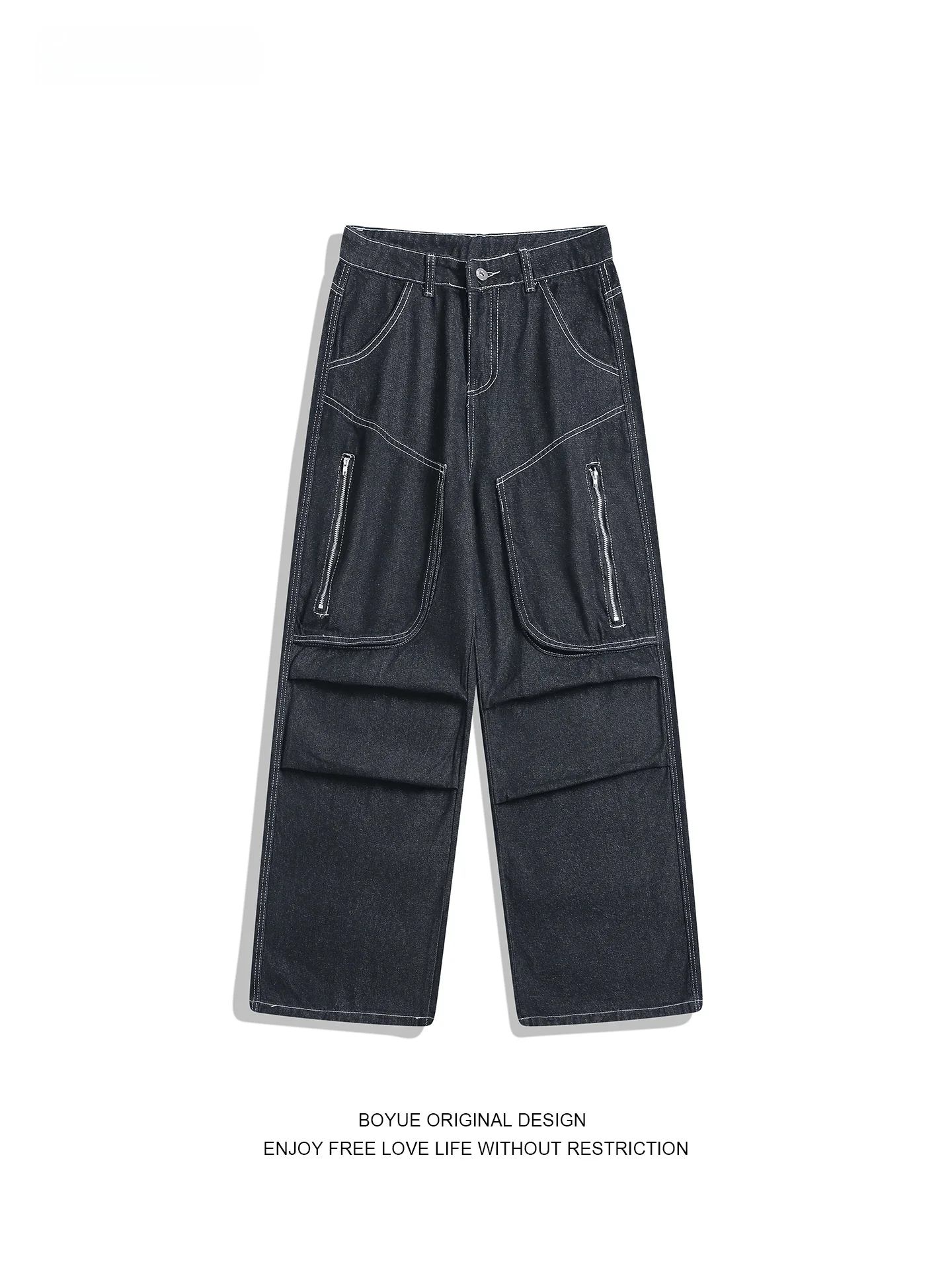 

Boyue Men's Straight Leg Jeans Waed Wide Leg Pants Casual Loose Fit Trousers Folded Hemline High Street Sle