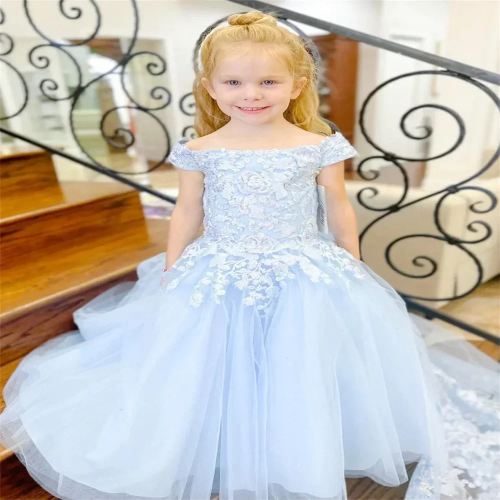 Vestidos de tul de encaje para niña, vestido de princesa de fiesta, apliques esponjosos, azul claro, vestidos de baile de primera comunión