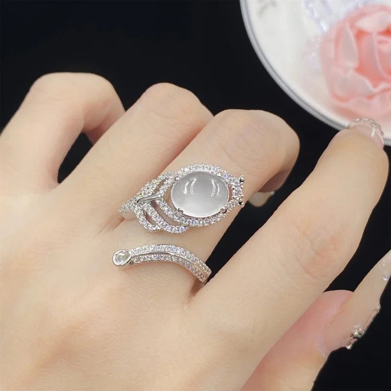 

Natural White Chalcedony Gray Agate Three-Piece Set Full Diamond Open Ring for Women Elegant Luxurious Pendant Earrings