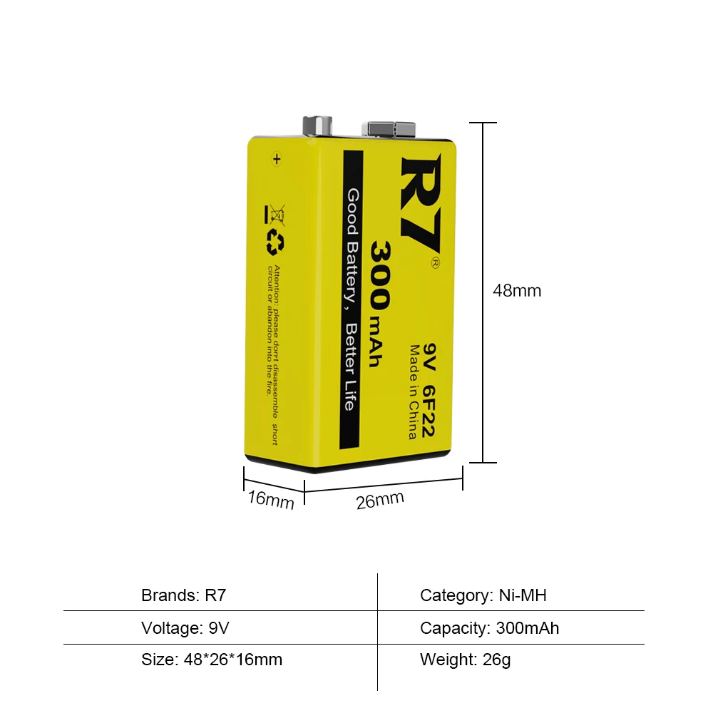 R7 300MAH 9V NI-MH battery 6F22 Ni-Mh rechargeable 9V battery for microphone detector universal meter