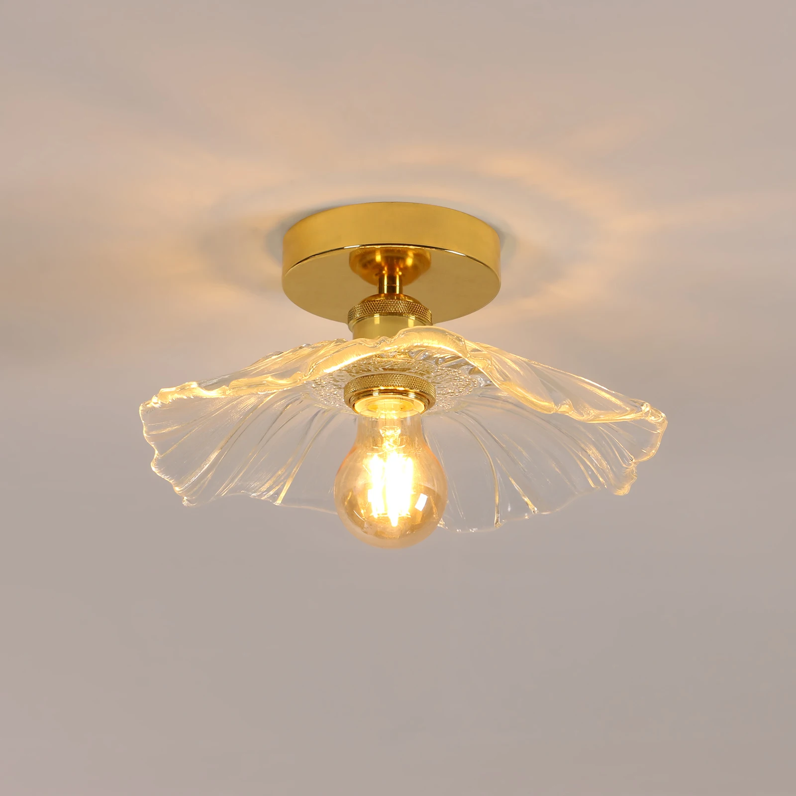 Plafonnier vintage, plafonnier en verre doré E27 en forme de fleur, fabriqué en verre transparent, diamètre 28 cm (ampoule non incluse)