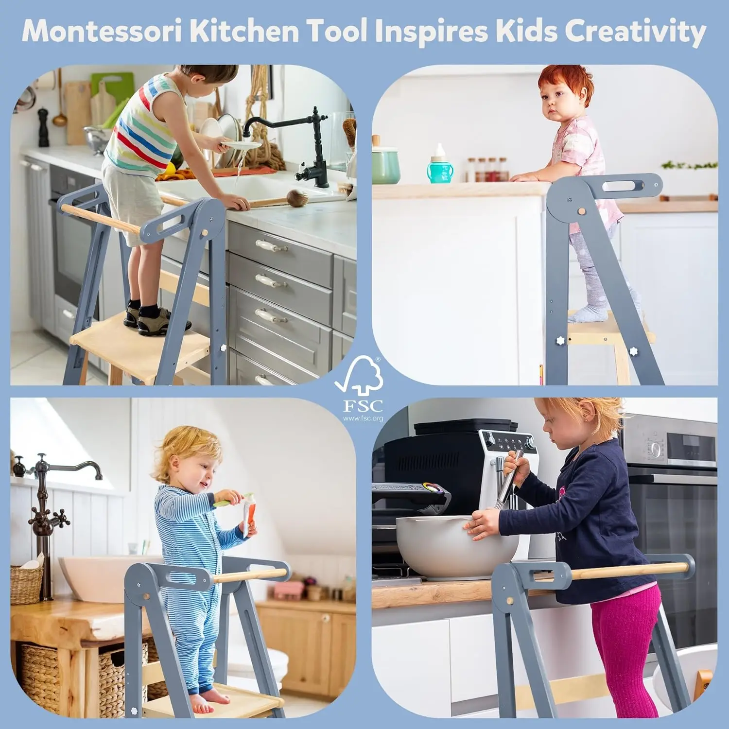 Taburete de cocina con gancho, ayudante de aprendizaje Montessori plegable de madera preensamblado para niños, torre de pie para niños pequeños con 3 A