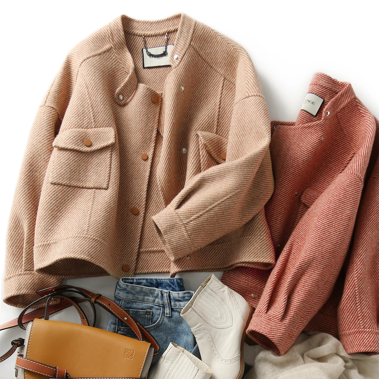 Modny płaszcz damski z dwustronnej wełny tweedowej, uniwersalny płaszcz z alpaki, stylowy płaszcz do pracy, długi płaszcz ze stójką.