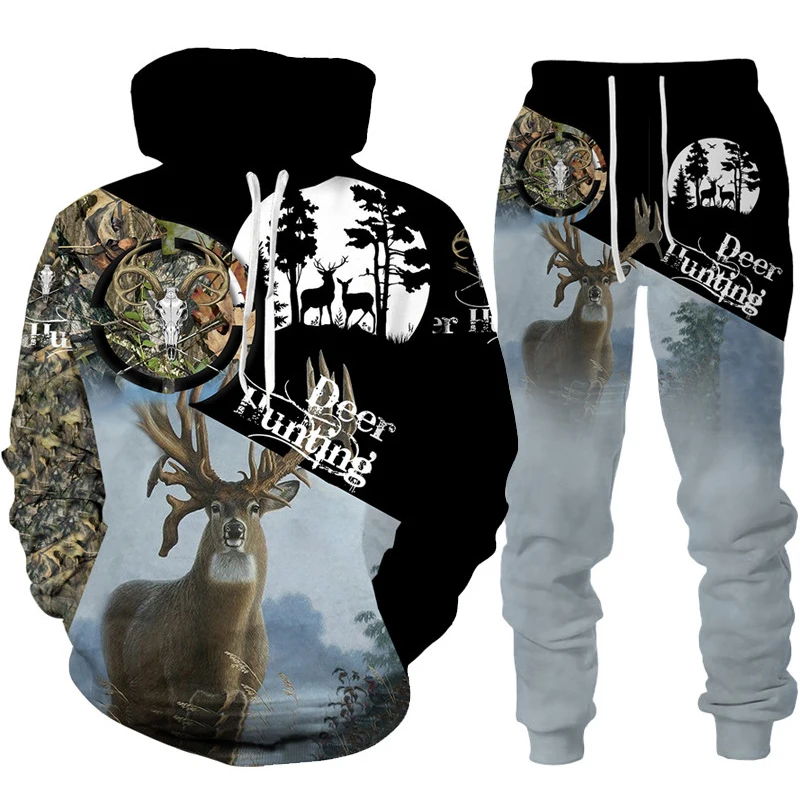 Tracksuit Set Country Deer Hunting 3D Print Man Casual Hoodie+Pants 2pcs Set Fashion Camo Streetwear  Oversize Pullover Clothes