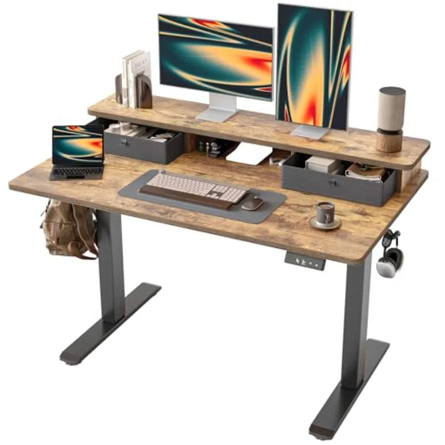 Standing Desk with Two Drawers for Home Office, Steel Frame in Matte Black, Height Adjustable Electric Sit-Stand Function with
