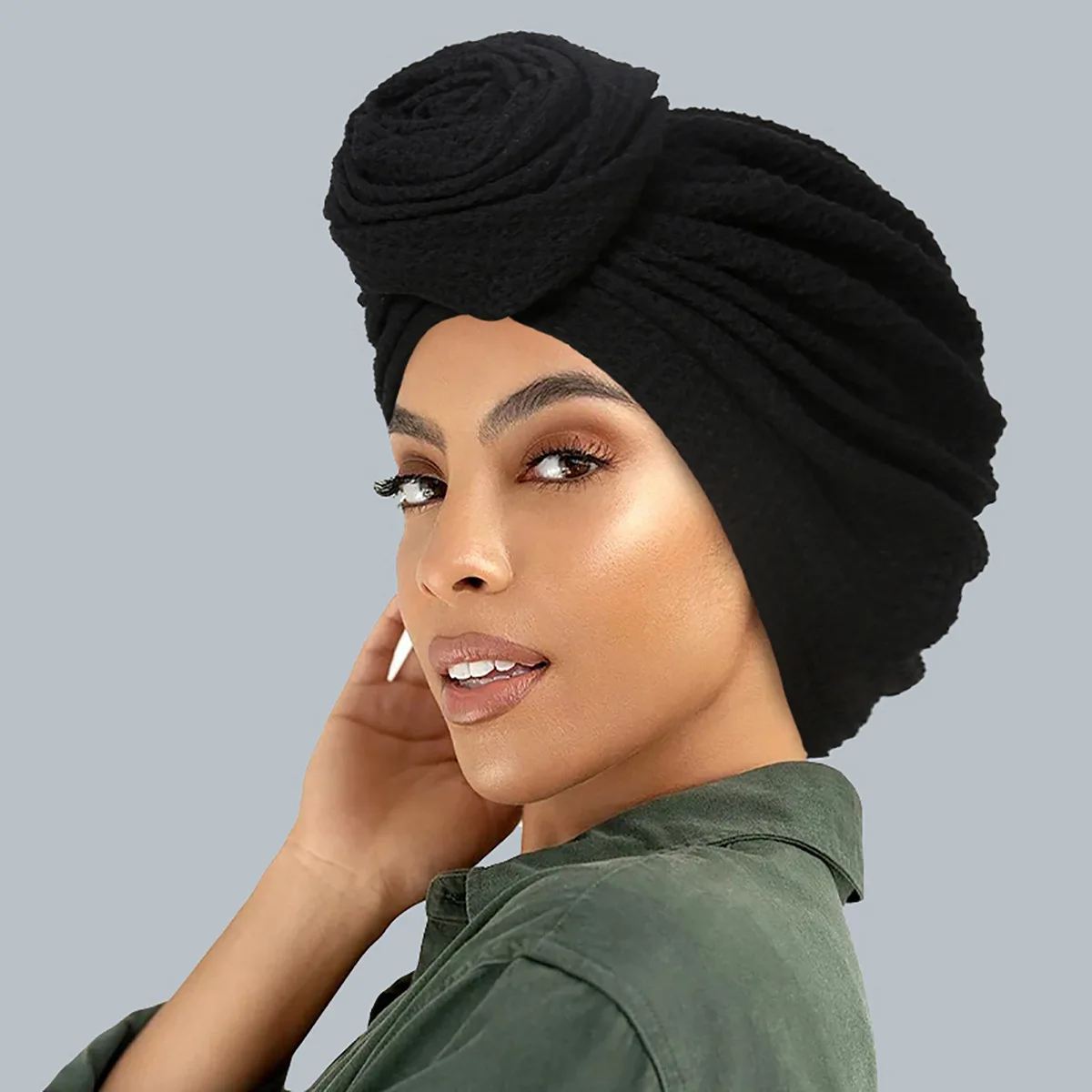 Fashionable Women\'s Solid Color Hijab Turban Bonnet Flower Decor Ramadan Head Wrap Head Scarf Cap Indian Hat Headwear