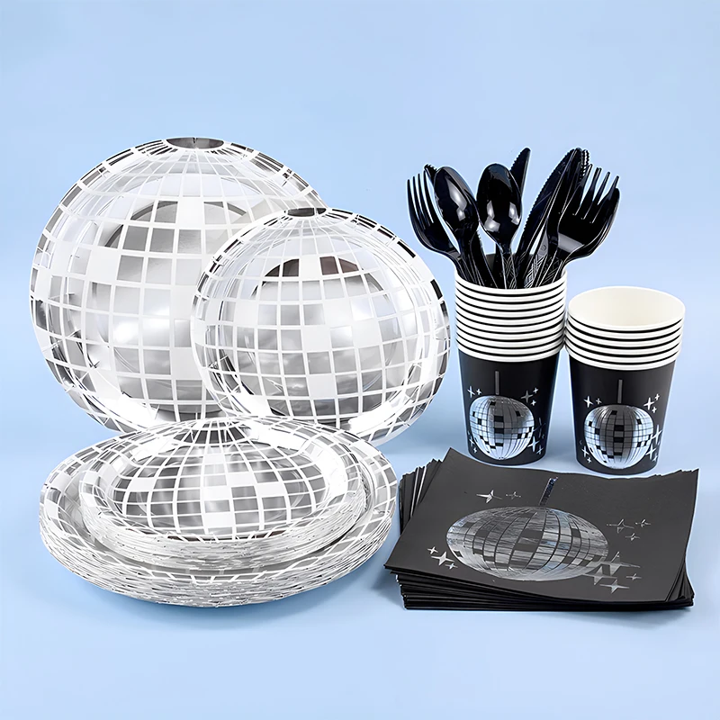 10pcs Disco Silver Ball Disposable Tableware Set Paper Plates Napkins Cups Cutlery Happy Birthday Wedding Decorations Supplies