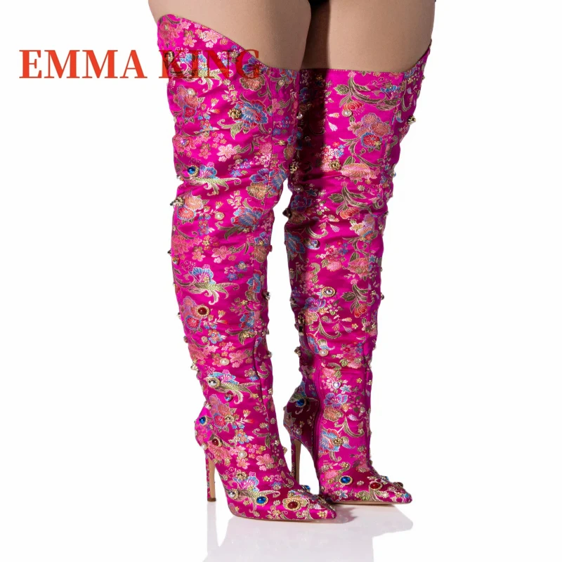 الأزهار التطريز فوق الركبة الأحذية مثير الإناث الخريف أشار تو الفخذ أحذية عالية الأحجار الكريمة التفاصيل أحذية الحفلات للمرأة #1