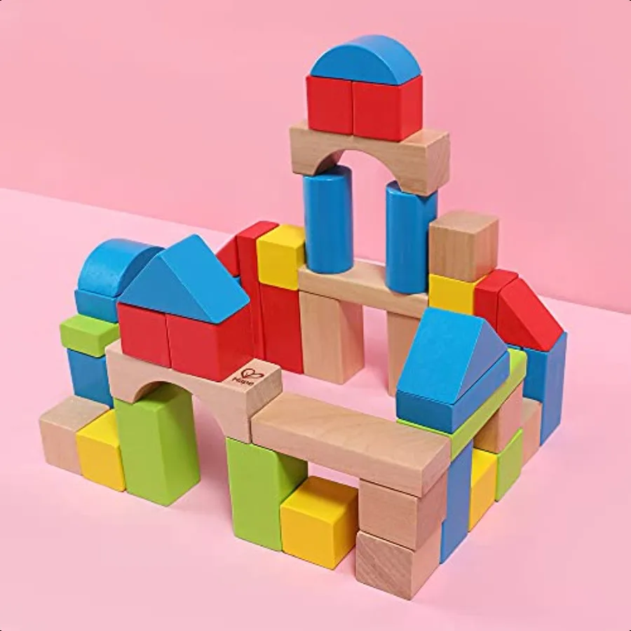 Hape Maple Wood Building Blocks Stacking Wooden Block Educational Toy Set for Toddlers 50 Brightly Colored Pieces in Assorted S