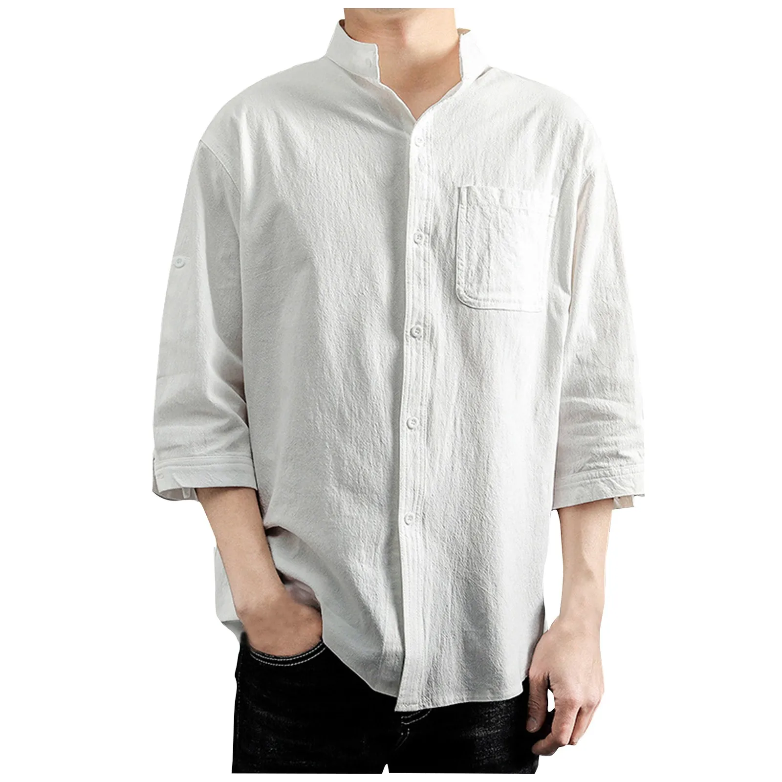 

Men'S Summer 3/4 Sleeves Shirts Daily Casual Fashion Japanese Style Stand Collar Solid Color Shirts Loose Cotton Linen Shirts