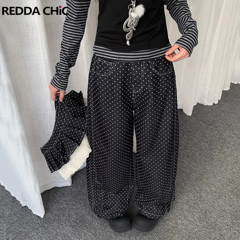

Черные джинсовые брюки-кюлоты REDDACHiC в стиле гранж, женские корейские джинсовые брюки с контрастными вставками в горошек, плиссированная юбка, широкие джинсовые брюки в стиле Y2K, уличная мода