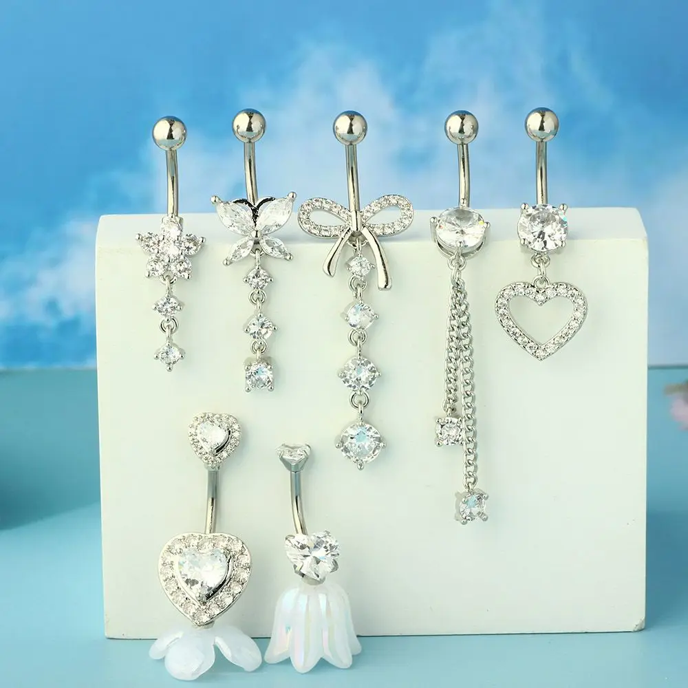 7pcs/lot Crystal Belly Button Rings Dangle Surgical Steel Bars 14G Piercing Ombligo Cute Heart Navel Rings Body Jewelry Women