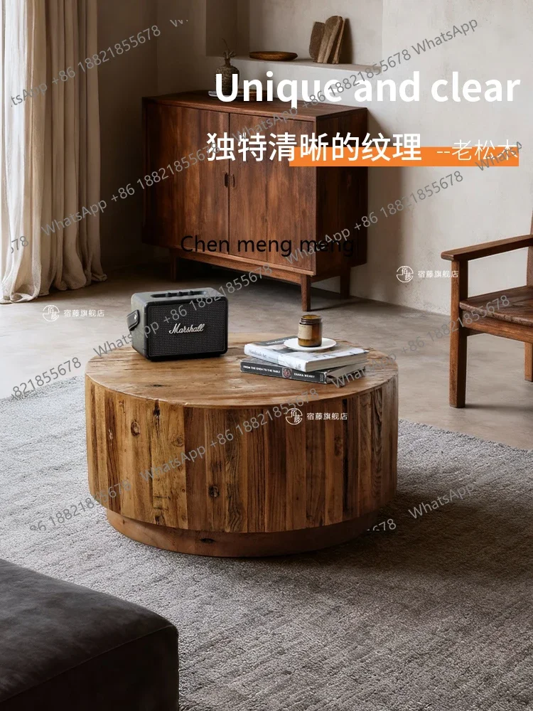 

All solid wood round coffee table wabi sabi wind old pine tea table household tea table antique style